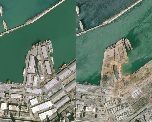 Вид со спутника порта в Бейруте до и после взрыва - Sputnik Латвия