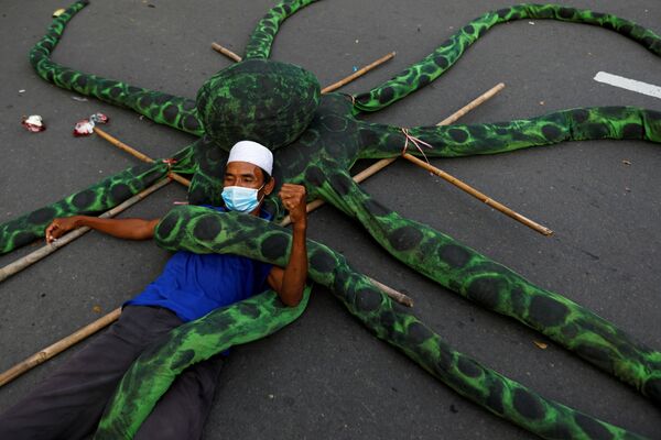 Рыбак в защитной маске лежит на искусственном осьминоге во время акции протеста в Джакарте, Индонезия - Sputnik Латвия