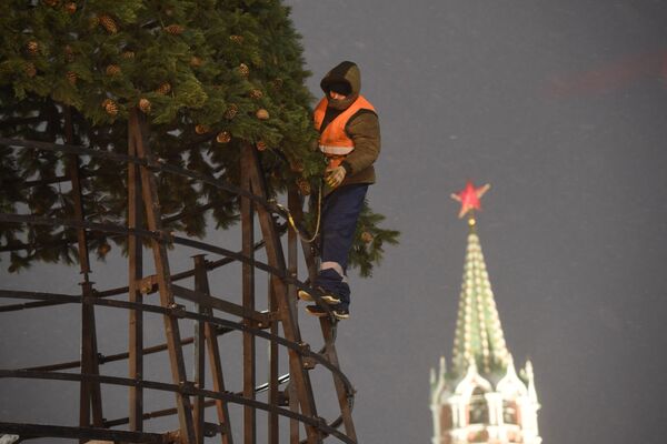 Рабочий устанавливает новогоднюю елку на Красной площади в Москве - Sputnik Латвия