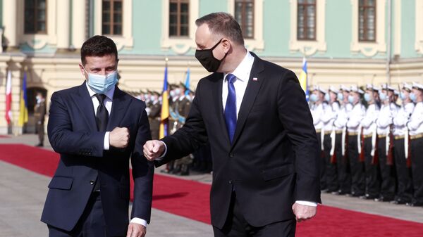 Президент Украины Владимир Зеленский и президент Польши Анджей Дуда во время встречи в Киеве, Украина - Sputnik Латвия