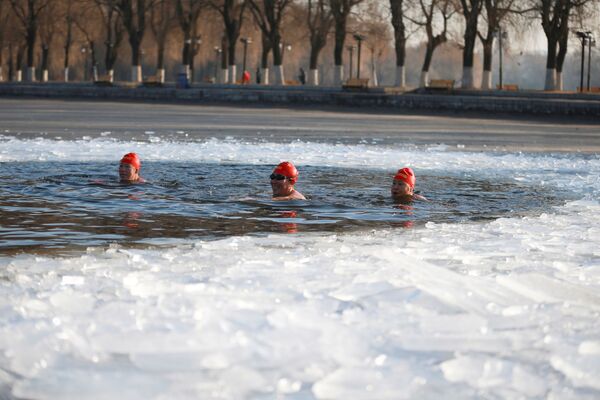 Любители зимнего плавания на частично замерзшем озере в парке в Шэньяне в провинции Ляонин на северо-востоке Китая - Sputnik Латвия