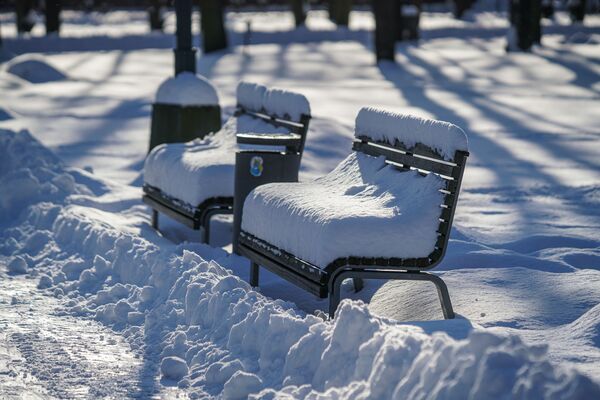 Занесенные снегом скамейки в парке - Sputnik Latvija