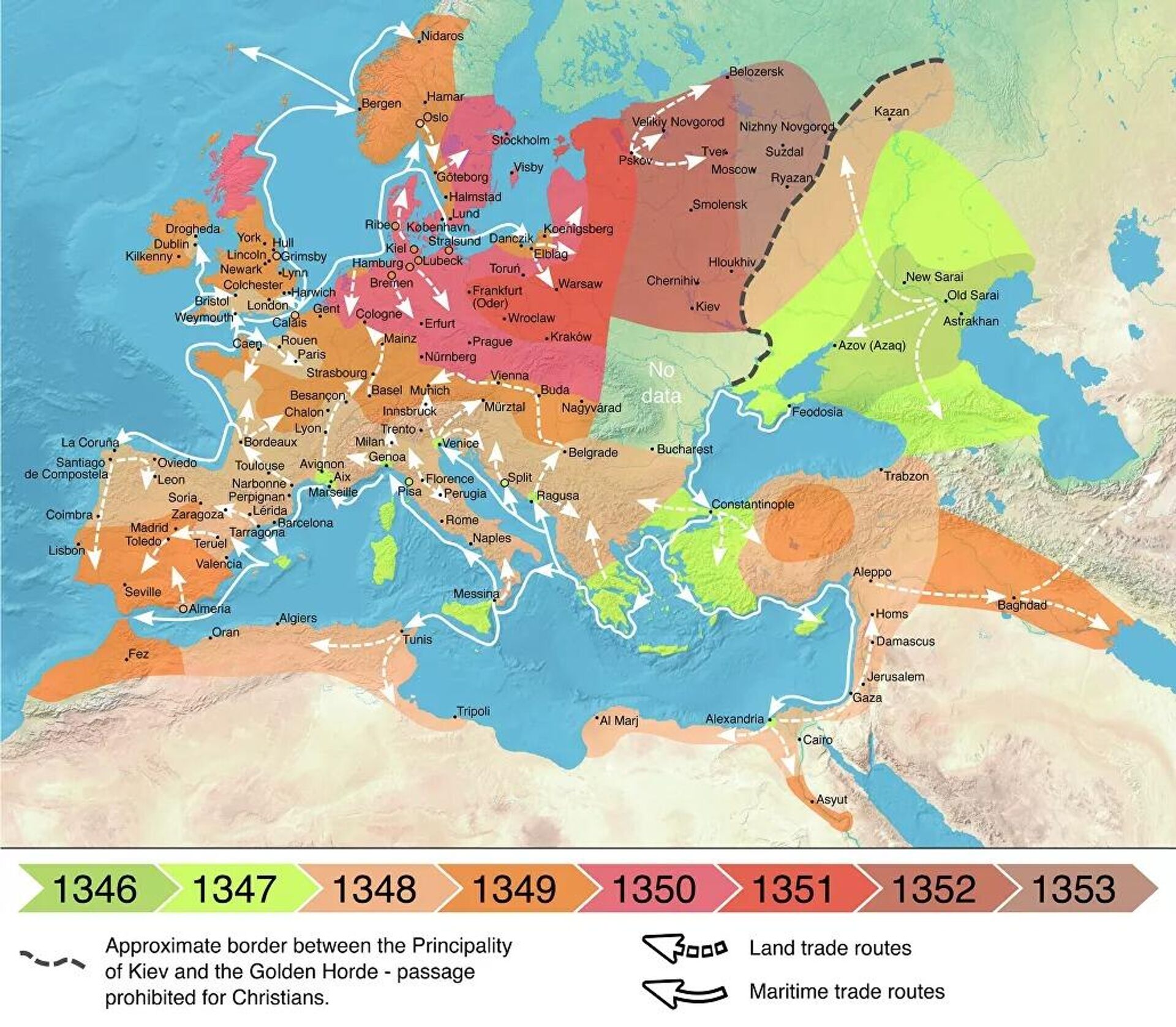 Пути распространения чумы в Европе и на Ближнем Востоке в 1346—1353 годы. Пунктирная линия - примерная граница между Киевским княжеством и Золотой Ордой, дальше которой христианам проход был запрещен. Стрелки - наземные и морские торговые пути Пути распространения чумы в Европе и на Ближнем Востоке в 1346—1353 годы. Пунктирная линия - примерная граница между Киевским княжеством и Золотой Ордой, дальше которой христианам проход был запрещен. Стрелки - наземные и морские торговые пути - Sputnik Latvija, 1920, 04.07.2021