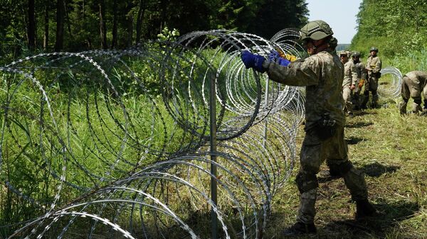 Литовские военнослужащие устанавливают колючую проволоку на границе с Беларусью в Друскининкае - Sputnik Латвия