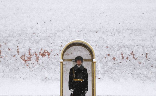 Пост почетного караула на Красной площади в Москве во время снегопада - Sputnik Латвия