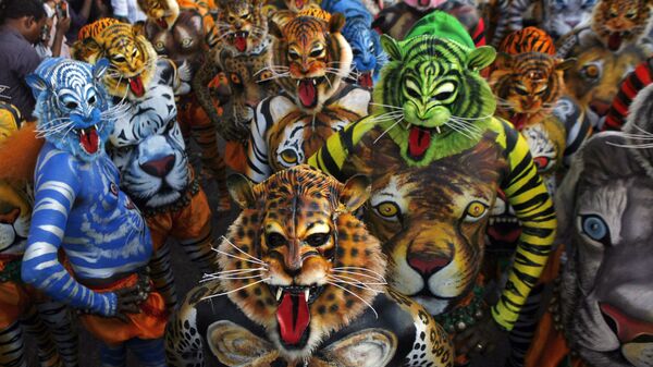 Художники с раскрашенными телами и масками тигров во время ежегодного «Пуликали» в Триссур - Sputnik Латвия