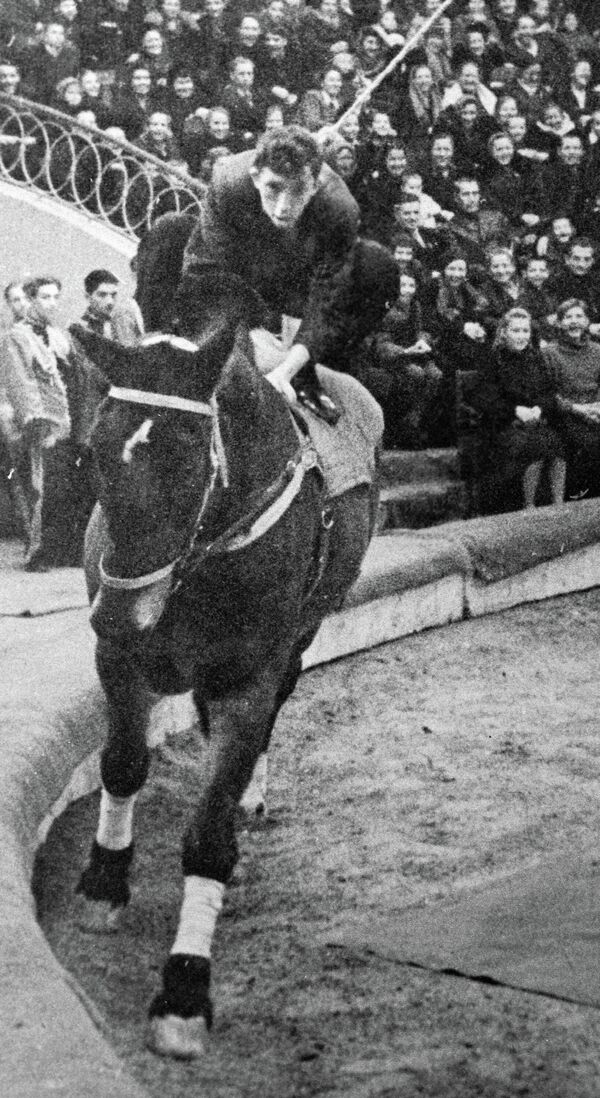 Юрий Никулин на одном из своих первых выступлений в цирке в 1947 году. Молодой клоун изображает "человека из публики", который впервые сел на лошадь.После войны Никулин пытался поступить во ВГИК, но это ему не удалось, председатель комиссии "не обнаружил актерских способностей". А вот в студию клоунады на Цветном бульваре его приняли. Некоторое время он работал вместе с популярным клоуном Карандашом, потом многие годы его напарником на манеже был Михаил Шуйдин. Юрий Никулин на одном из своих первых выступлений в цирке в 1947 году. Молодой клоун изображает "человека из публики", который впервые сел на лошадь.После войны Никулин пытался поступить во ВГИК, но это ему не удалось, председатель комиссии "не обнаружил актерских способностей". А вот в студию клоунады на Цветном бульваре его приняли. Некоторое время он работал вместе с популярным клоуном Карандашом, потом многие годы его напарником на манеже был Михаил Шуйдин. - Sputnik Латвия