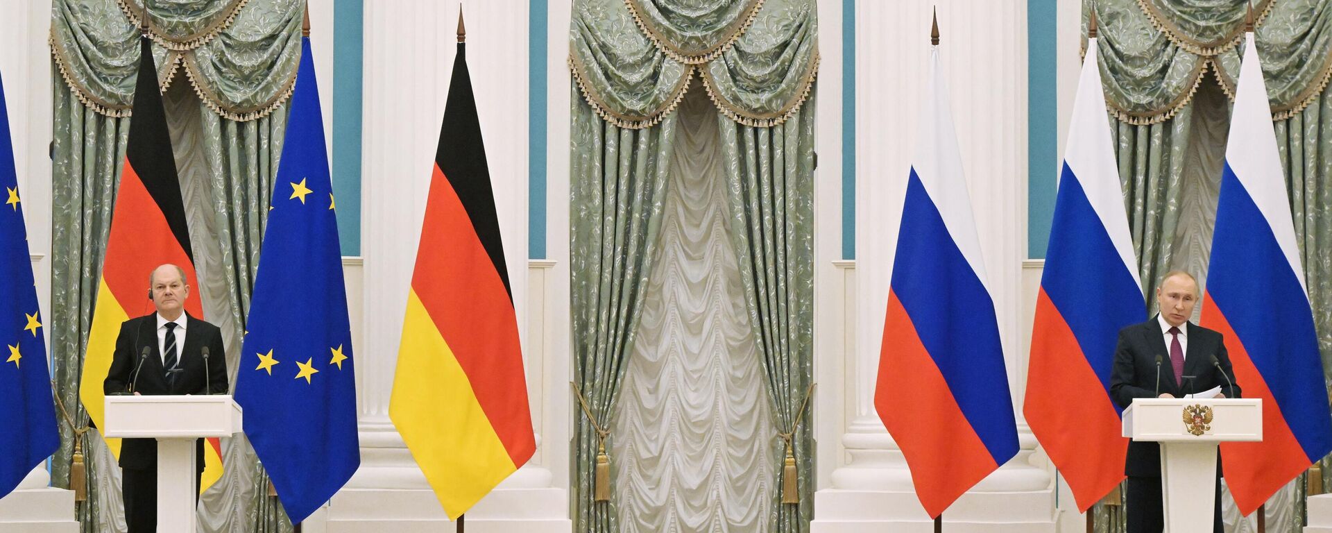 Krievijas prezidenta Vladimira Putina un Vācijas kanclera Olafa Šoļca tikšanās  - Sputnik Latvija, 1920, 17.02.2022