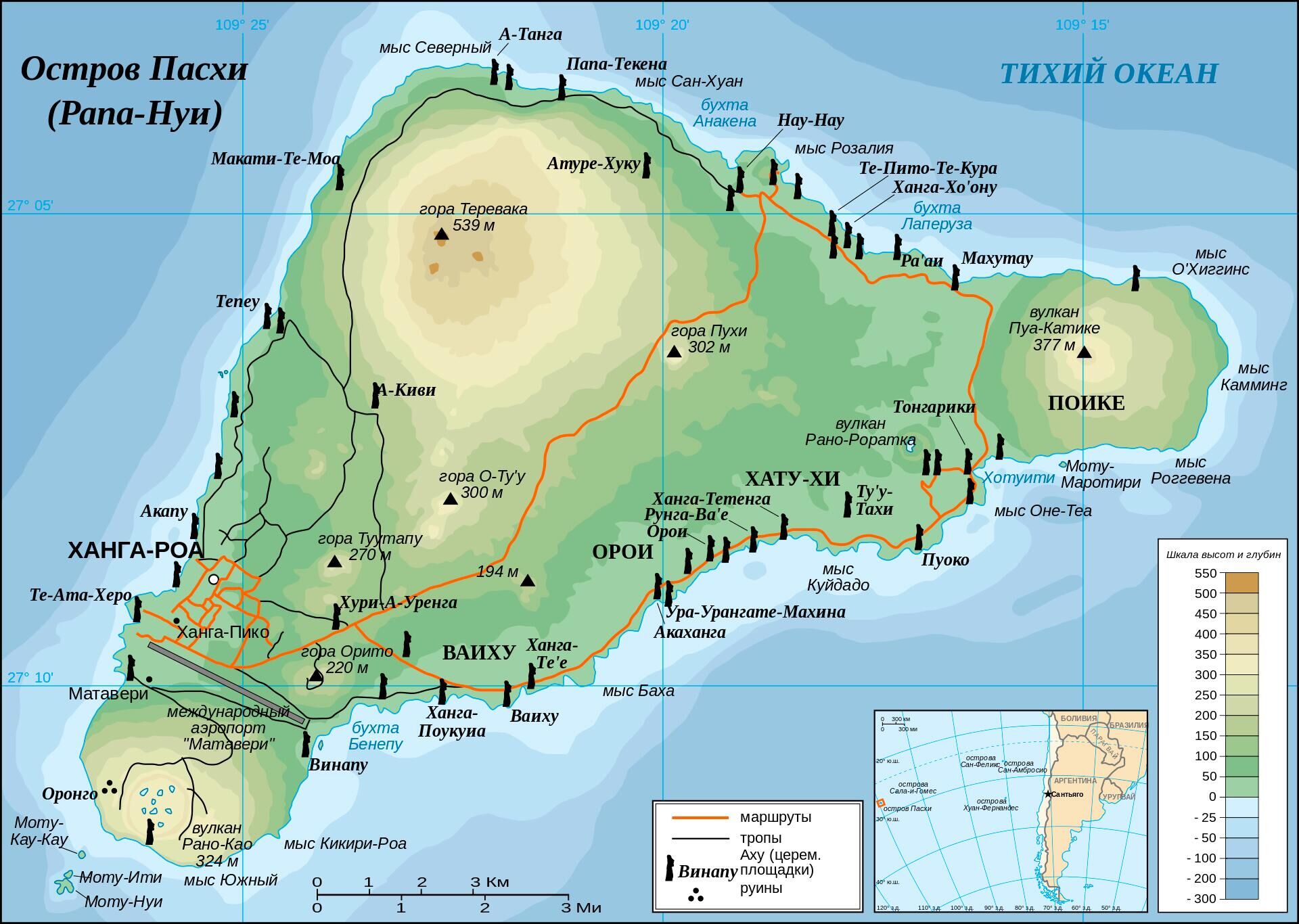 Карта острова Пасхи и местоположение основных церемониальных площадок аху - Sputnik Latvija, 1920, 29.05.2022