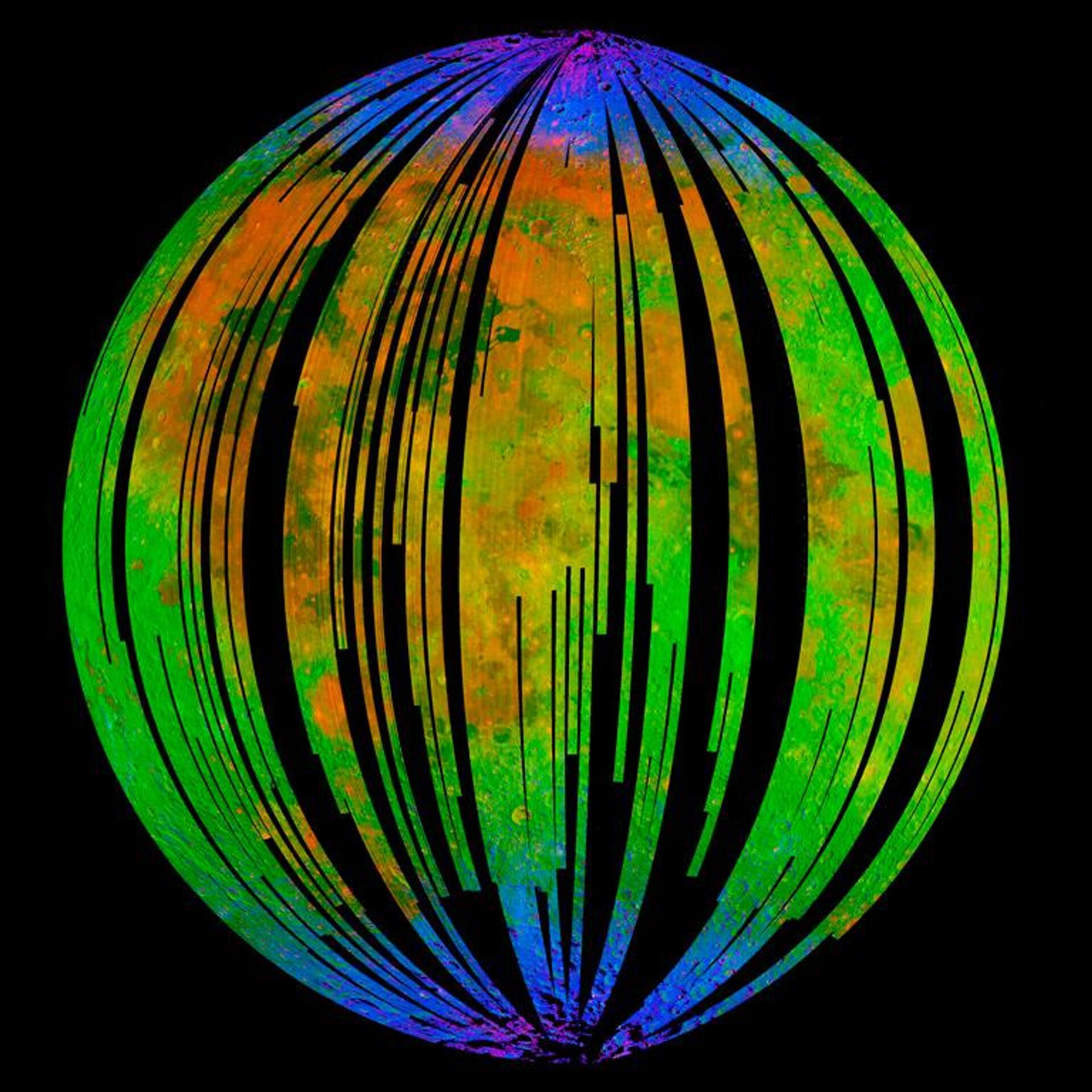 Составное изображение поверхности Луны, полученное с помощью спектрометра М3 космического зонда Чандраян-1. Синий цвет показывает спектральную сигнатуру гидроксильной группы - Sputnik Latvija, 1920, 11.06.2022