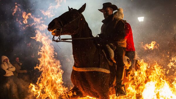 Всадник проезжает через огонь во время ежегодного фестиваля Las Luminarias в испанской деревне Сан-Бартоломе-де-Пинаре - Sputnik Латвия