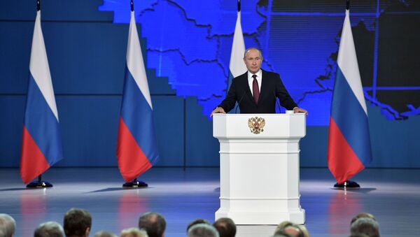 Президент РФ Владимир Путин выступает с ежегодным посланием Федеральному собранию, 20 февраля 2019 - Sputnik Латвия