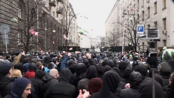 Националисты в Киеве закидали стражей порядка плюшевыми свиньями - Sputnik Латвия