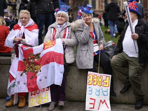 Сторонников Brexit на площади перед парламентом в пятницу собралось больше, чем во время любого из ранее проводимых митингов за выход из ЕС. - Sputnik Латвия