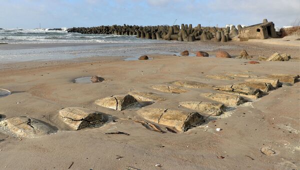 Бетонные бочки, закопанные в пески пляжа в Клайпеде - Sputnik Латвия