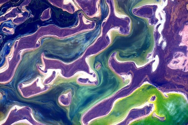 Снимок озера Тенгиз в Казахстане, сделанный американским астронавтом Скоттом Келли с борта МКС  - Sputnik Латвия