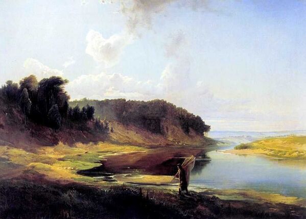 Алексей Кондратьевич Саврасов Пейзаж с рекой и рыбаком (1859) - Sputnik Латвия