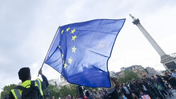 Lielbritānijas dalības Eiropas Savienībā atbalstītāji mītiņa laikā Trafalgara laukumā. Foto no arhīva - Sputnik Latvija