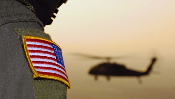 Close-up of a US Flag patch as a US Army (USA) UH-60A Black Hawk (Blackhawk) helicopter  - Sputnik Latvija