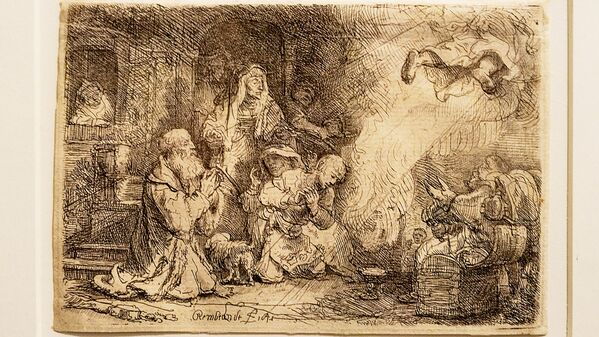 Рембрандт Харменс Ван Рейн - офорты, картина Ангел покидает семейство Товии, 1641 - Sputnik Латвия