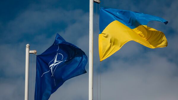 Национальный флаг Украины и флаг Организации Североатлантического договора - Sputnik Латвия