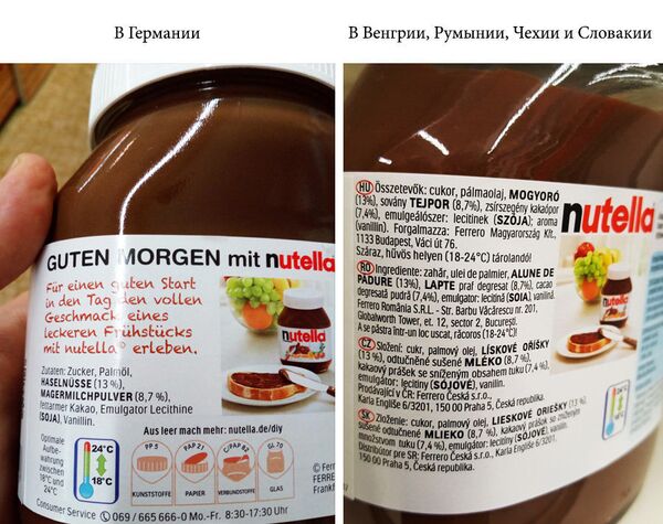 Судя по этикетке, состав шоколадно-ореховой пасты Nutella, продающейся на Западе и Востоке Европы, абсолютно идентичен. Однако эксперты пришли к выводу, что западная паста более мягкой консистенции и легче намазывается, чем её восточная сестра Судя по этикетке, состав шоколадно-ореховой пасты Nutella, продающейся на Западе и Востоке Европы, абсолютно идентичен. Однако эксперты пришли к выводу, что западная паста более мягкой консистенции и легче намазывается, чем её восточная сестра - Sputnik Latvija