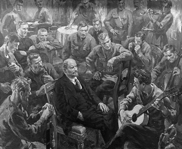 Репродукция картины Отто Скулме В.И.Ленин с латышскими стрелками в Кремле 1 мая 1918 года. Холст, масло. 1957 год. Репродукция картины Отто Скулме В.И.Ленин с латышскими стрелками в Кремле 1 мая 1918 года. Холст, масло. 1957 год. - Sputnik Латвия