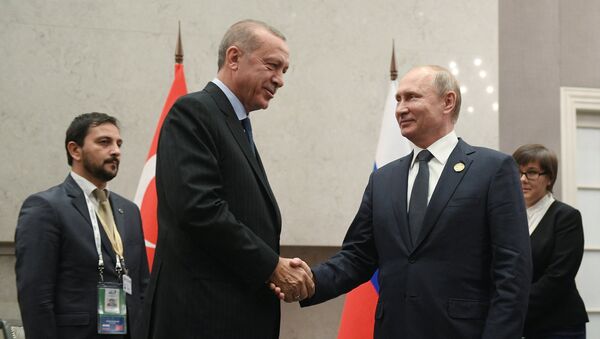 Президент РФ Владимир Путин и президент Турции Реджеп Тайип Эрдоган во время встречи на полях саммита БРИКС - Sputnik Latvija